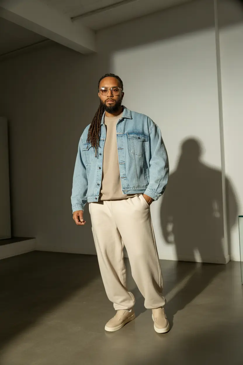 spring outfits men 2026 Denim Jacket and Cream Tones for Modern Casual