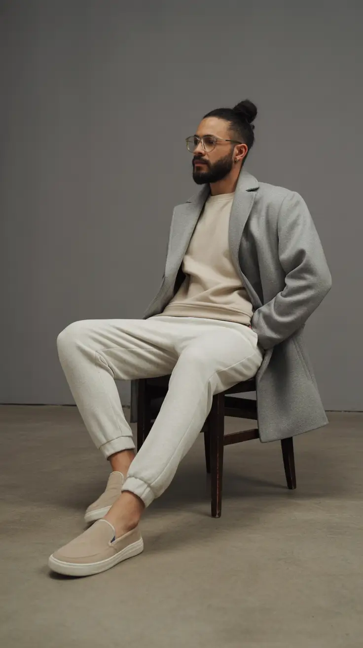 spring outfits men 2026 Grey Coat and Cream Set for Smart Minimalism