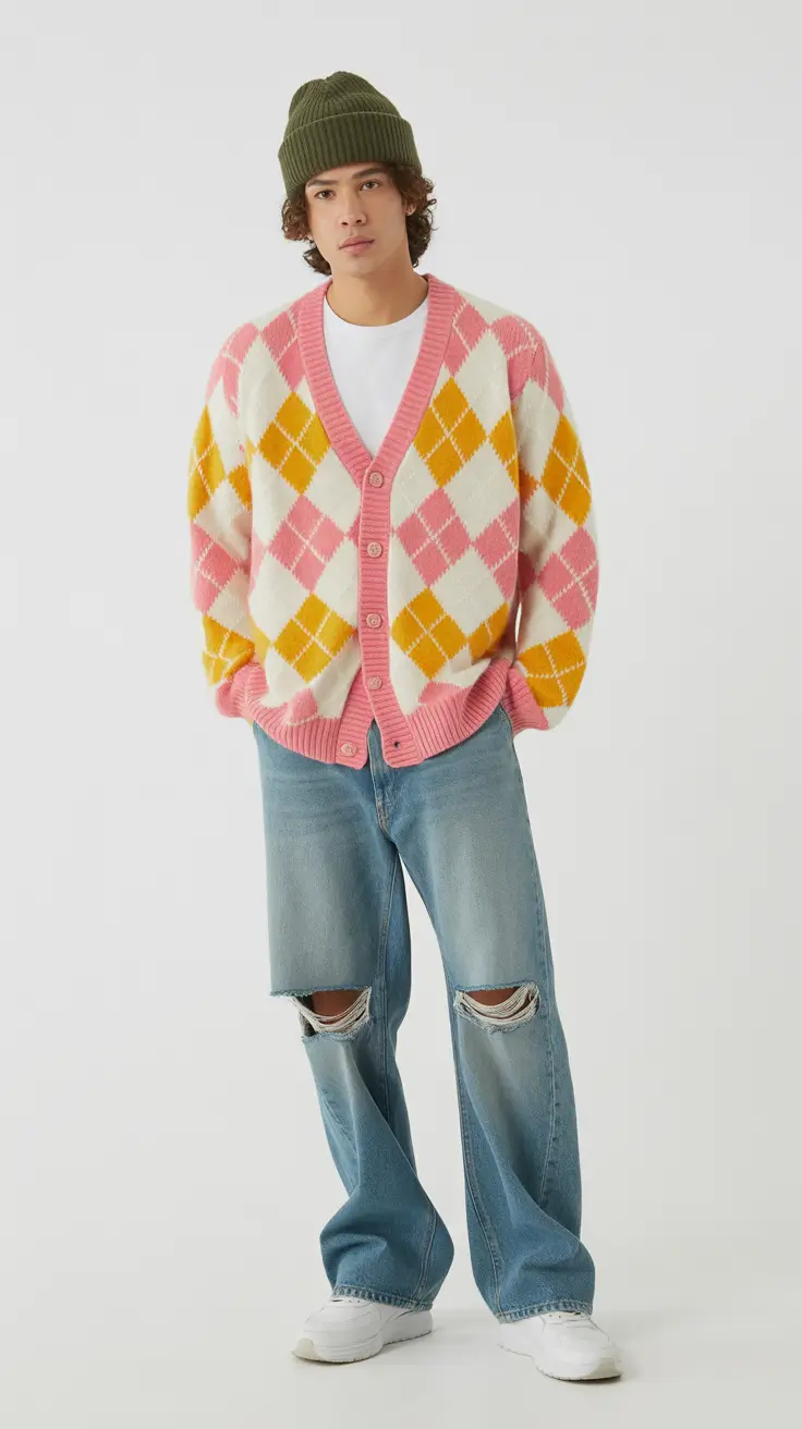 spring outfits men 2026 Playful Argyle Knit With a Youthful Korean Twist