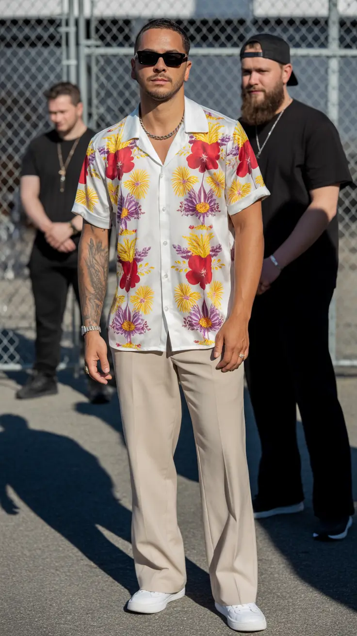 spring outfits men 2026 Bold Floral Shirt With Clean Tailoring
