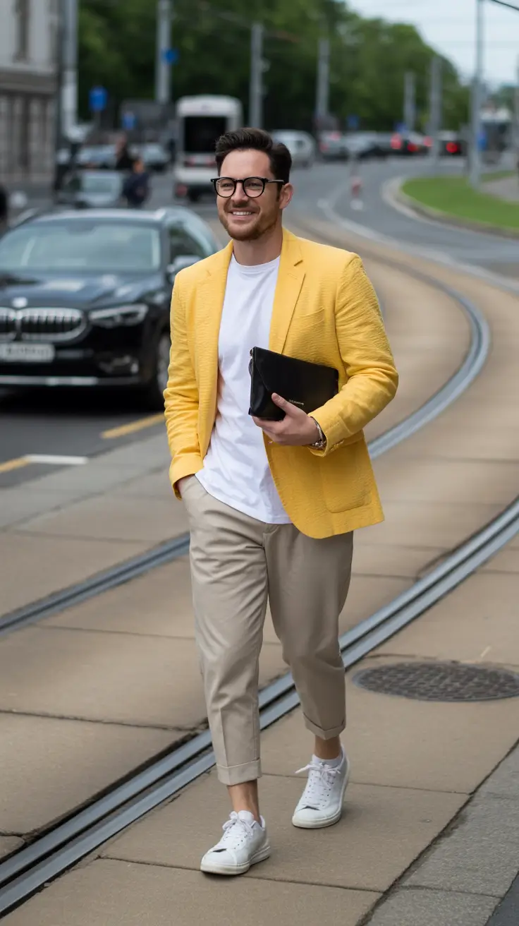 spring outfits men 2026 Yellow Blazer Smart Casual for Spring Streets