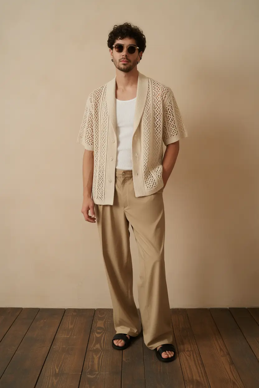 spring outfits men 2026 Crochet Layers and Beach Club Minimalism