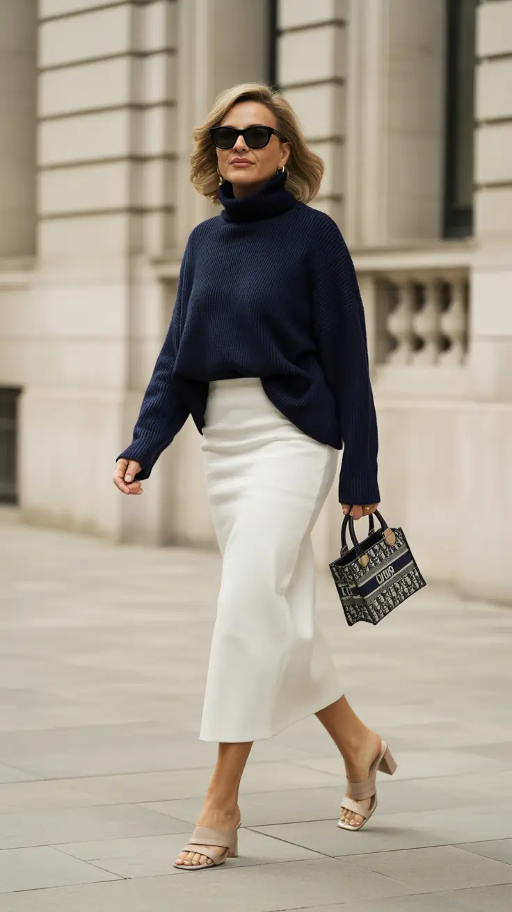 Spring Outfits for Women Over 40 2026 Classic Knit and Skirt Simplicity