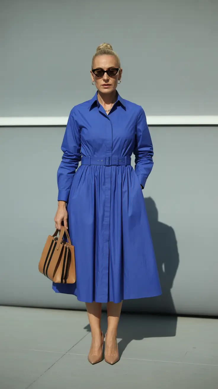 Spring Outfits for Women Over 50 Blue Shirt Dress