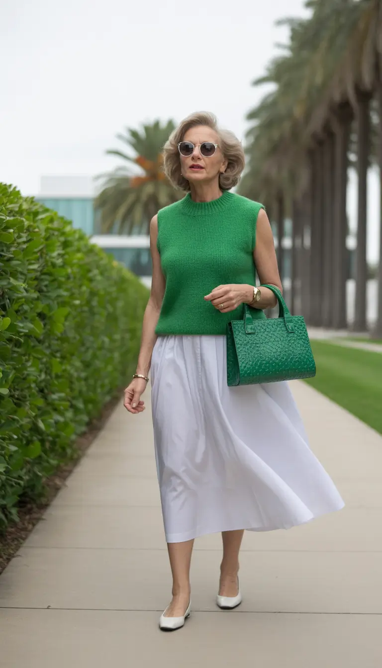 Spring Outfits for Women Over 60 Green Knit with a Crisp White Midi