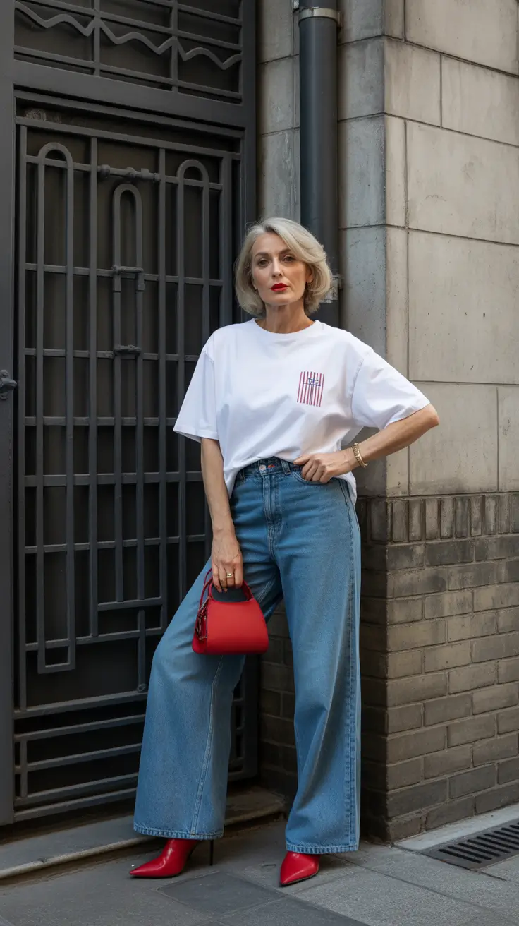 Spring Outfits for Women Over 60 Classic Denim With a Sharp Red Accent