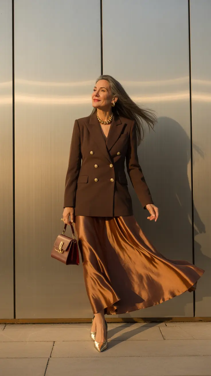 Spring Outfits for Women Over 60 Brown Tailoring with Fluid Elegance