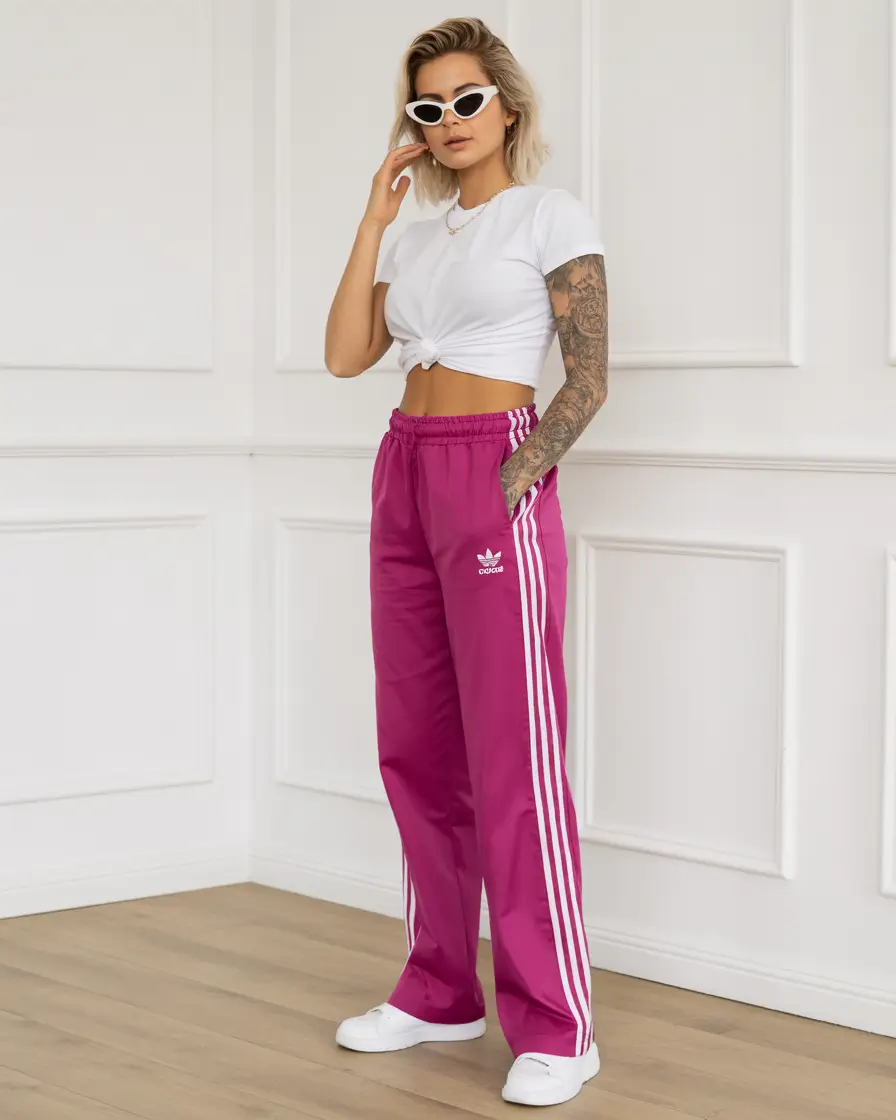 spring sport outfits for women 2026 Magenta Track Pants With a Crisp White Twist Top
