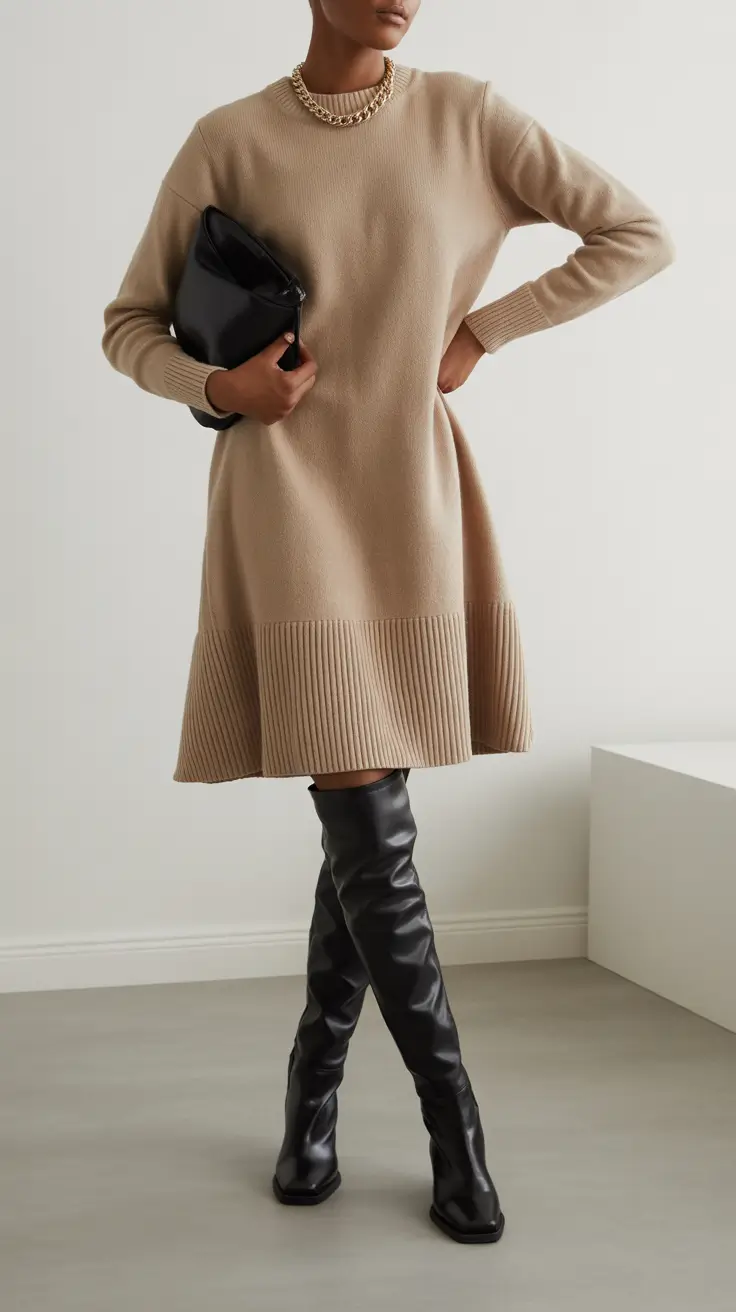 spring transition outfits 2026 Minimal Knit Dresses With Bold Boots