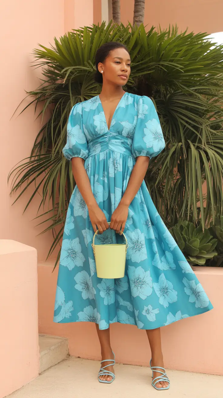 Spring travel outfits 2026 Blue Bloom Midi for Polished Vacation Energy