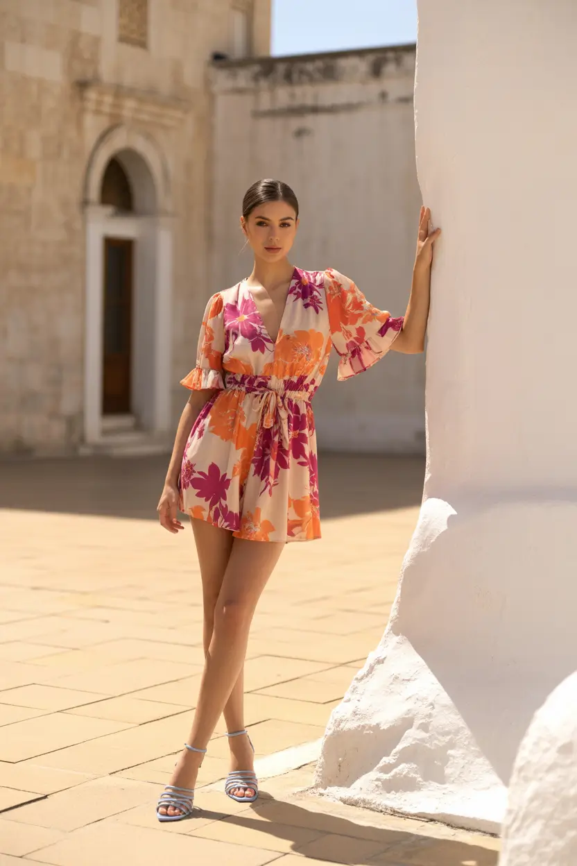 Spring travel outfits 2026 Bright Floral Romper for Warm City Days