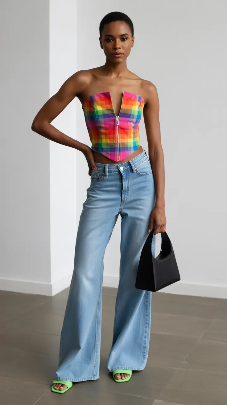 Spring vacation outfits 2026 Rainbow Corset Denim for City Cool Days
