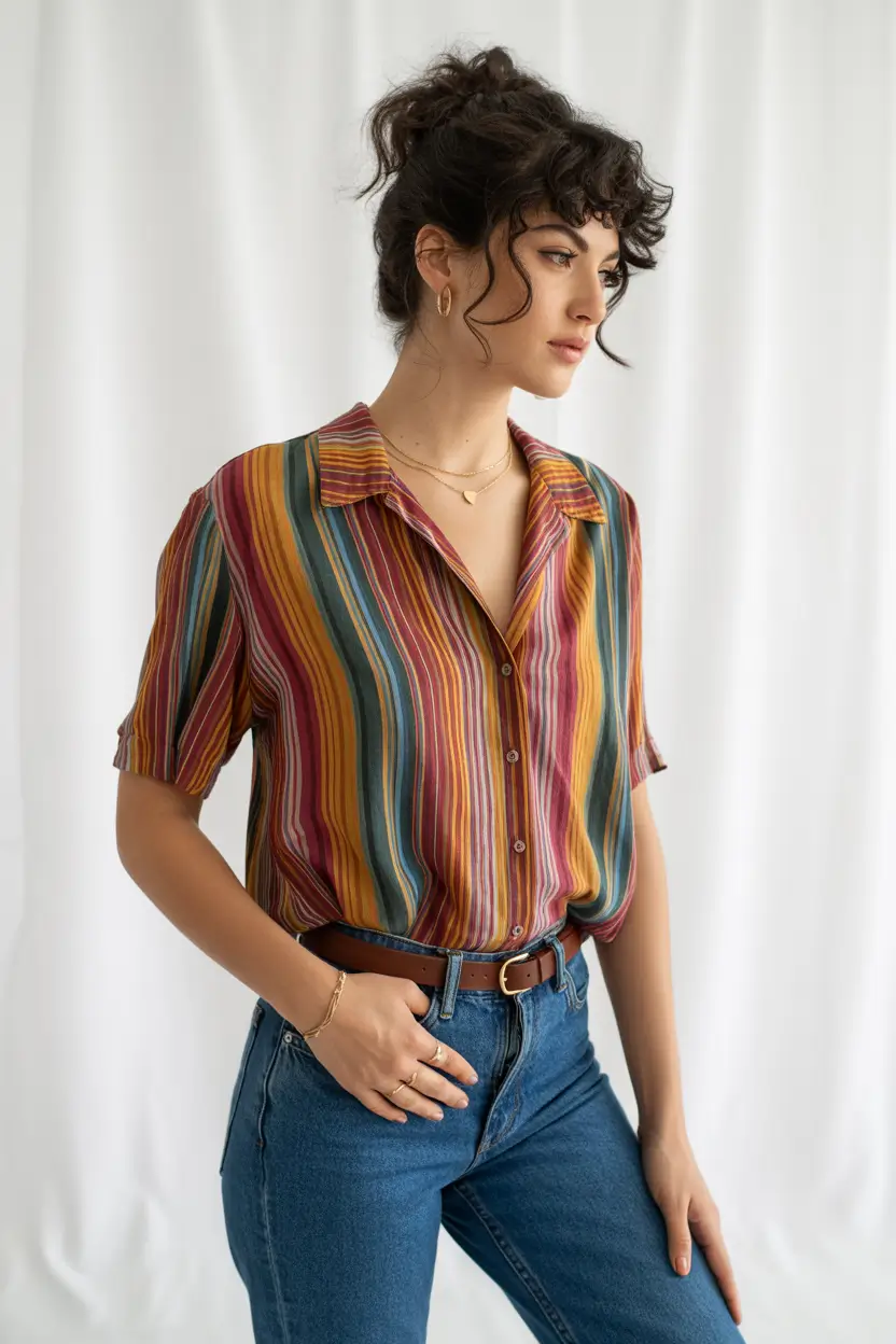 Spring vacation outfits 2026-Retro Stripe Shirt and Denim for Easy Day Plans