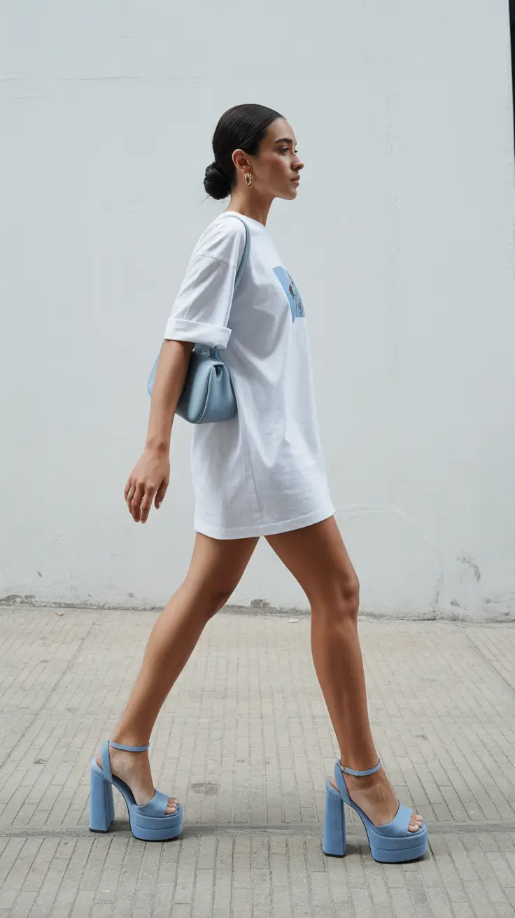 Spring Wardrobe 2026 Oversized Tee Dress With Sky Blue Platforms