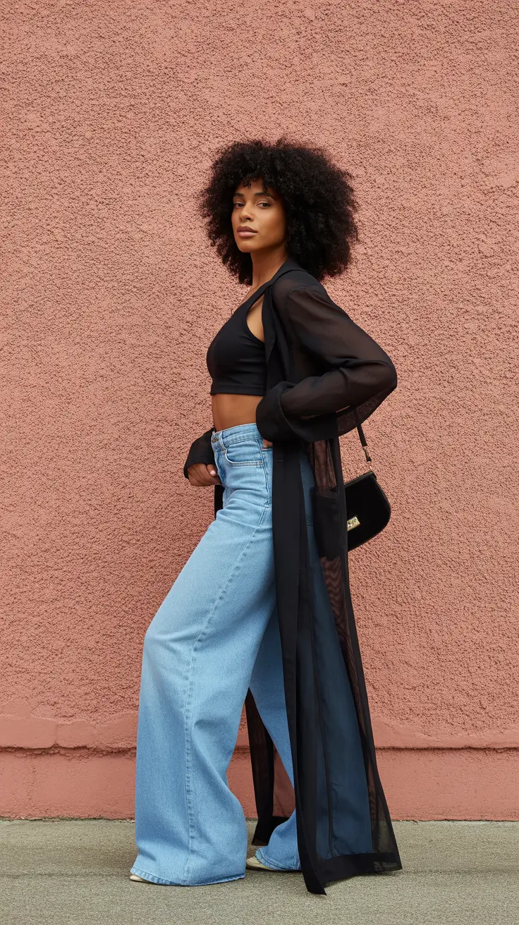 Spring Wardrobe 2026 Sheer Black Layer Over Wide Leg Denim