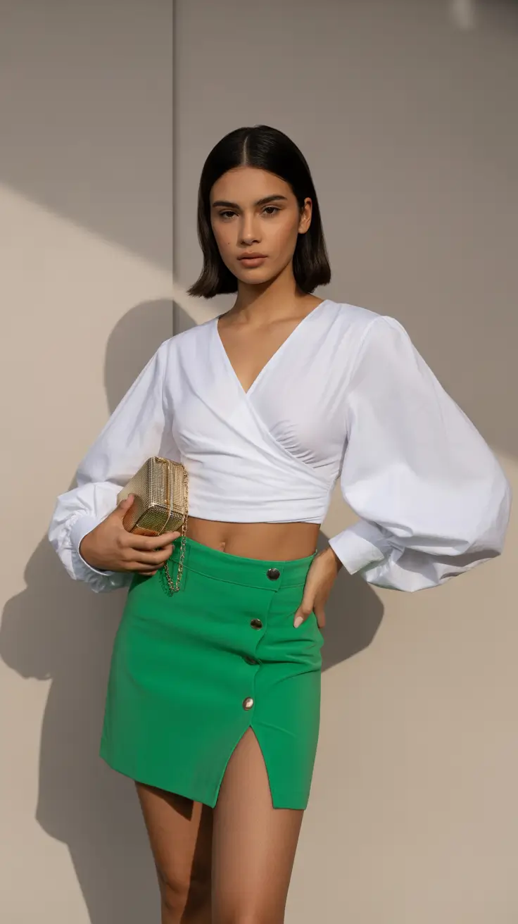Spring Wardrobe 2026 White Wrap Top With Green Power Skirt