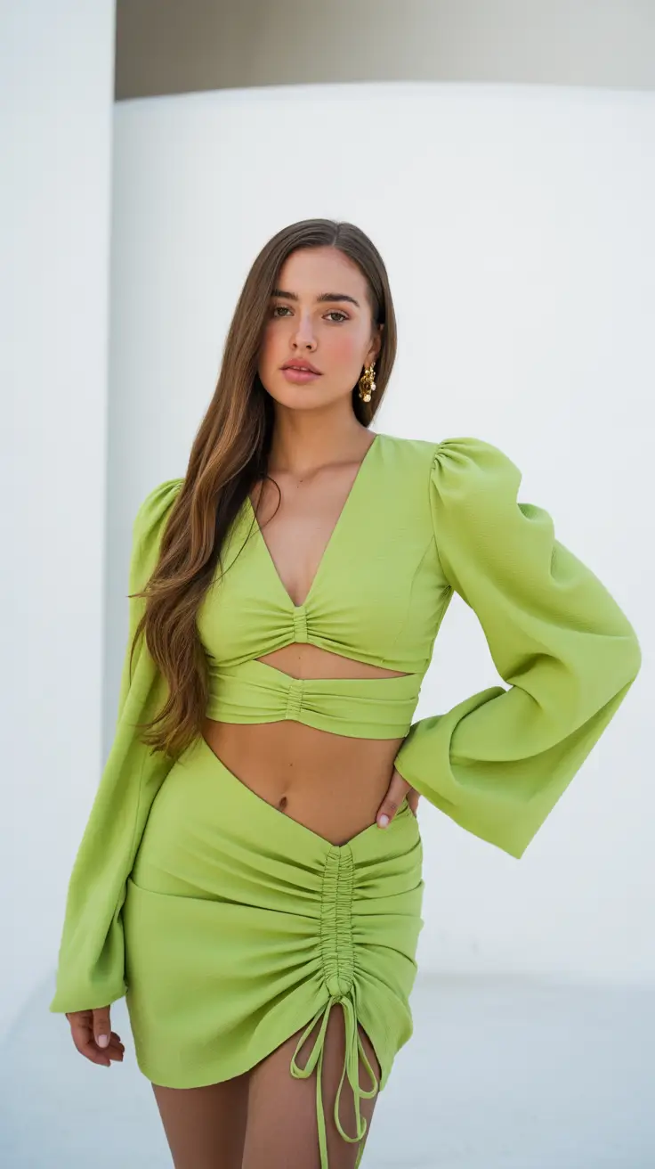 Spring Wardrobe 2026 Lime Ruched Set With Soft Drama