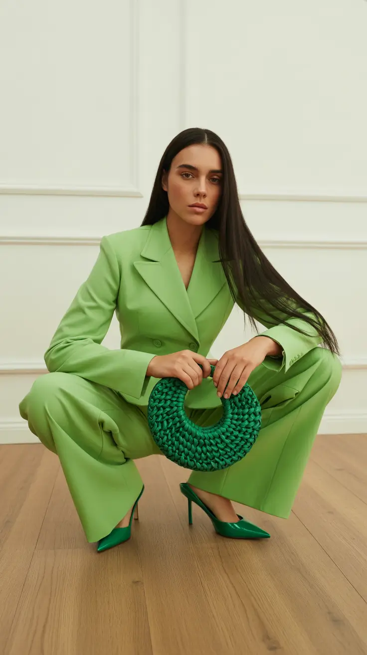 Spring Wardrobe 2026 Green Suiting With a Sculptural Bag Moment