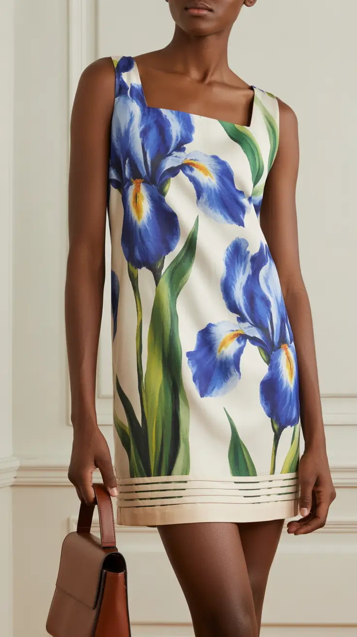 spring wedding guest outfit 2026 Iris Print Shift Dress with Clean Lines