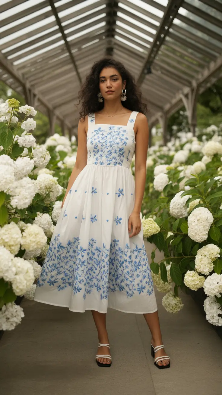 spring wedding guest outfit 2026 Blue Embroidered Sundress for Garden Venues
