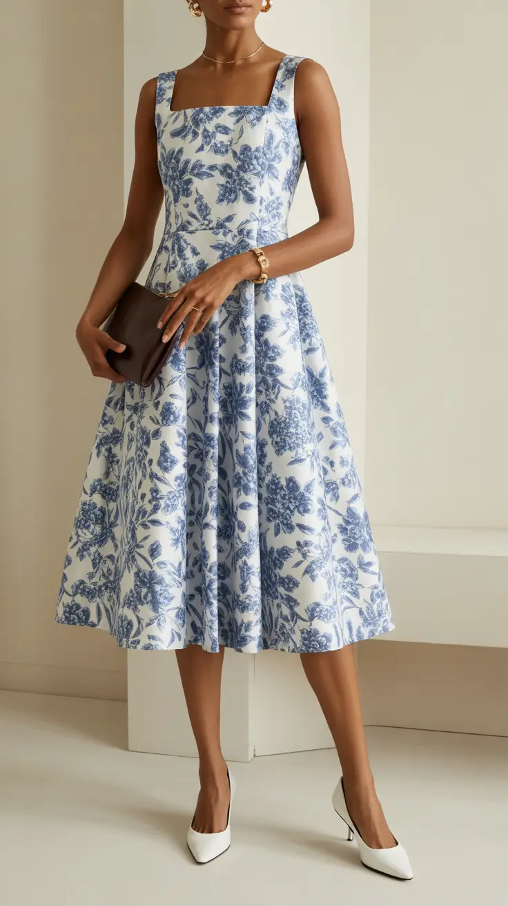 spring wedding guest outfit 2026 Blue Toile Midi with a Structured Waist