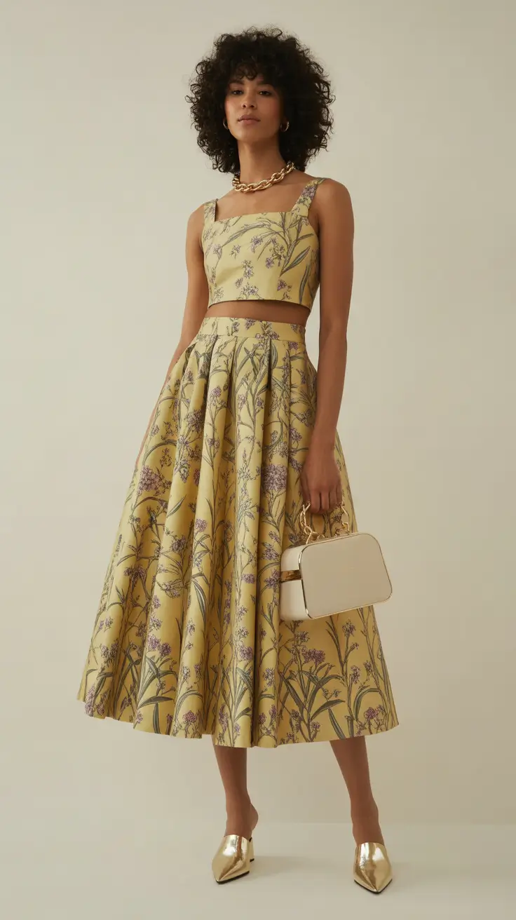 spring wedding guest outfit 2026 Yellow Two Piece Set with Vintage Florals