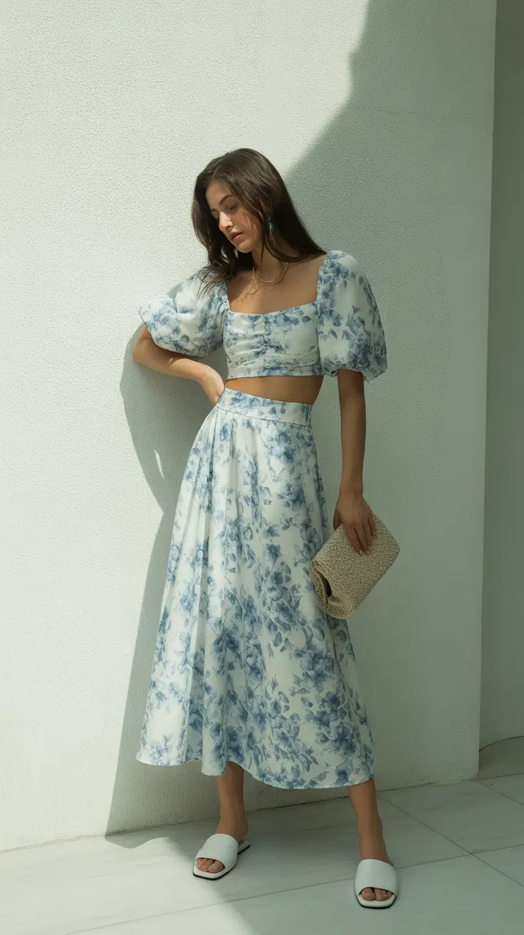spring wedding guest outfit 2026 Blue Floral Two Piece with Puff Sleeves