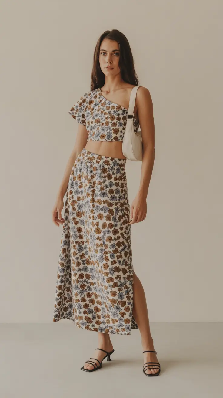 spring wedding guest outfit 2026 One Shoulder Floral Set with Sleek Minimalism