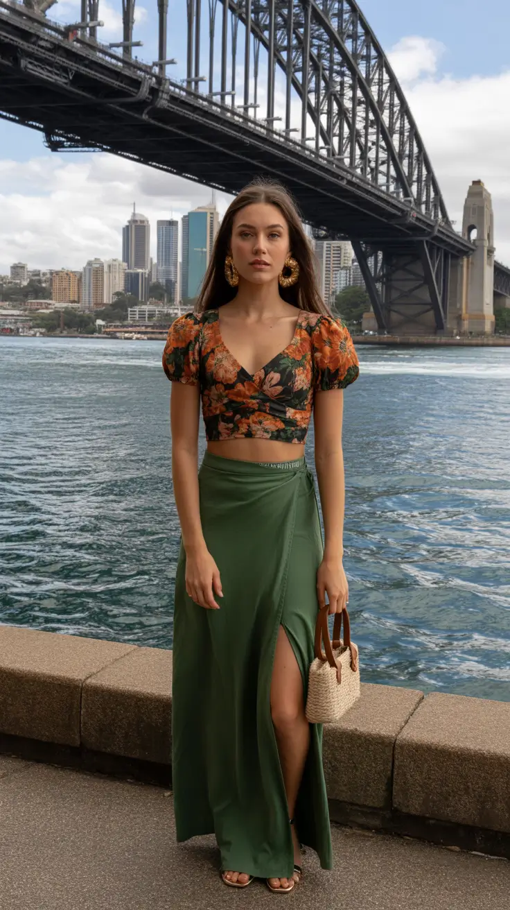 spring wedding guest outfit 2026 City Meets Garden with a Green Wrap Skirt
