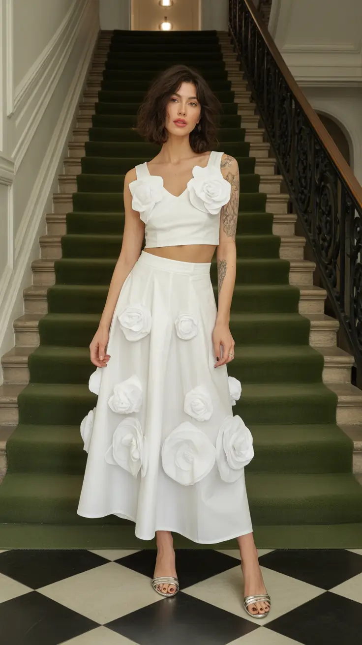 spring wedding guest outfit 2026 White Rosette Two Piece for Statement Minimalism