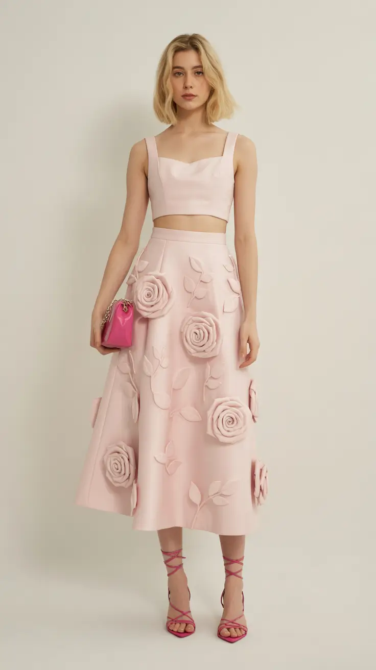 spring wedding guest outfit 2026 Pink Rosette Set for Soft Formal Energy