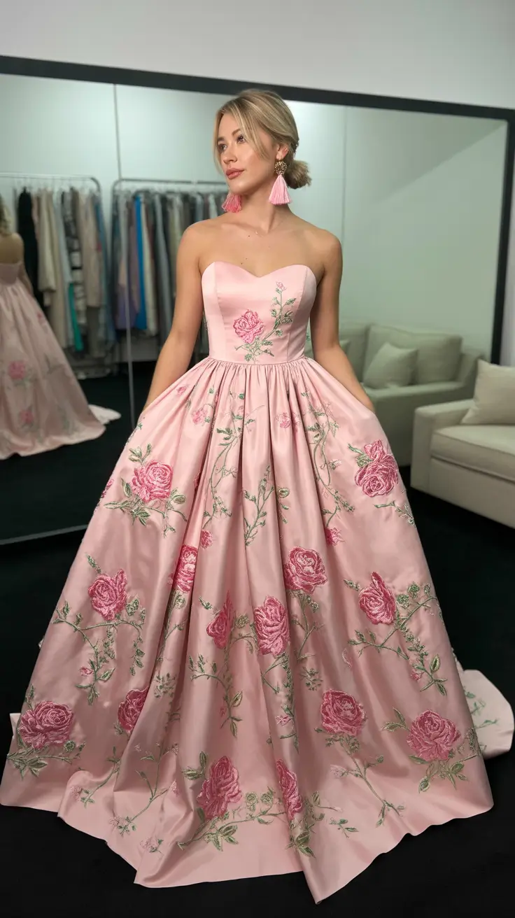 spring wedding guest outfit 2026 Pink Rose Ballgown for a True Formal Moment