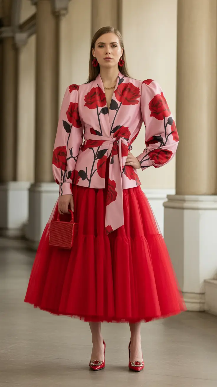 spring wedding guest outfit 2026 Rose Print Wrap Jacket with a Tulle Skirt