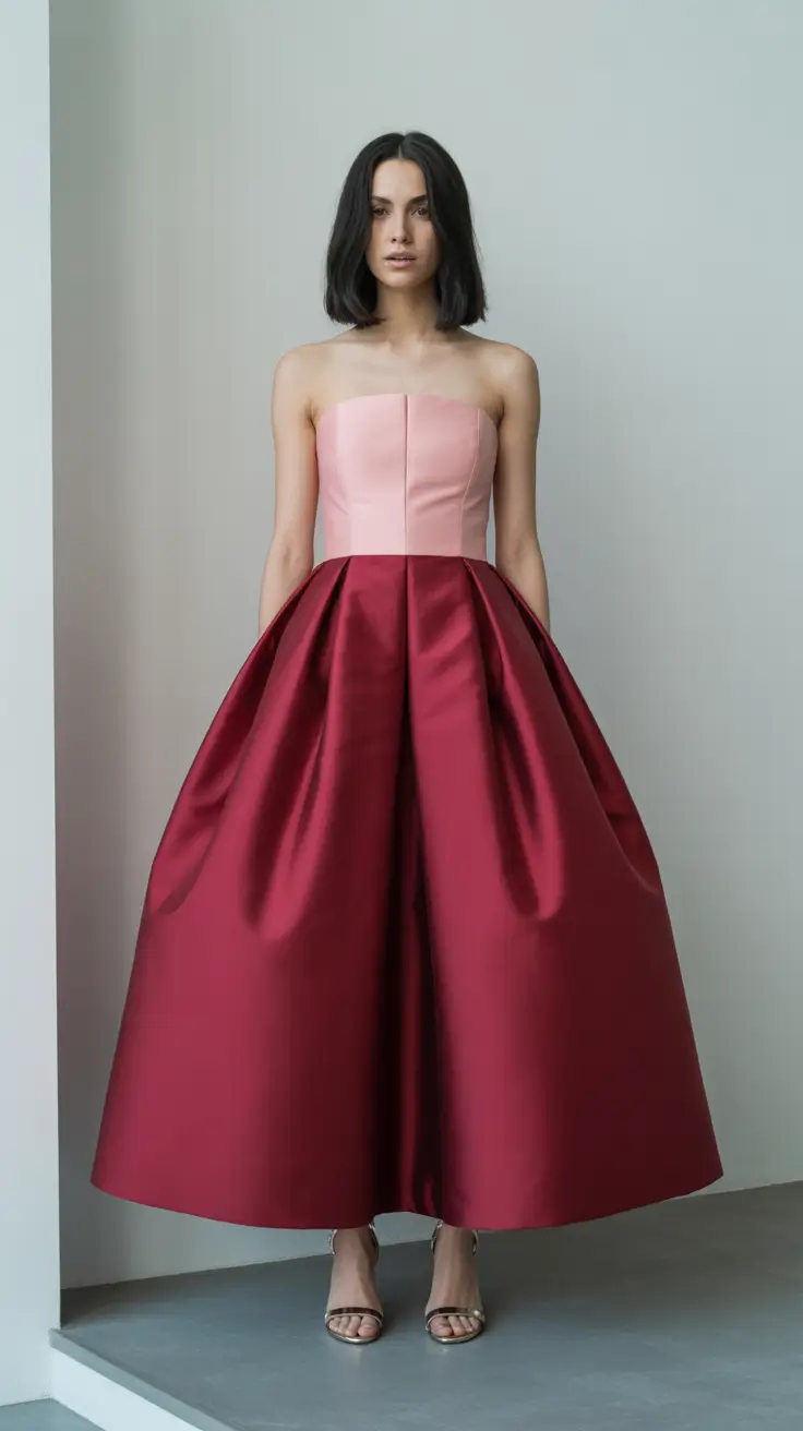spring wedding guest outfit 2026 Blush and Burgundy Two Tone Satin Sculpture
