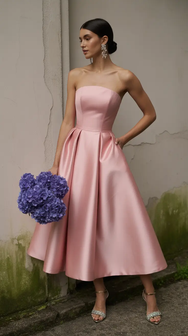 spring wedding guest outfit 2026 Pink Satin Strapless Midi for Elegant Evenings