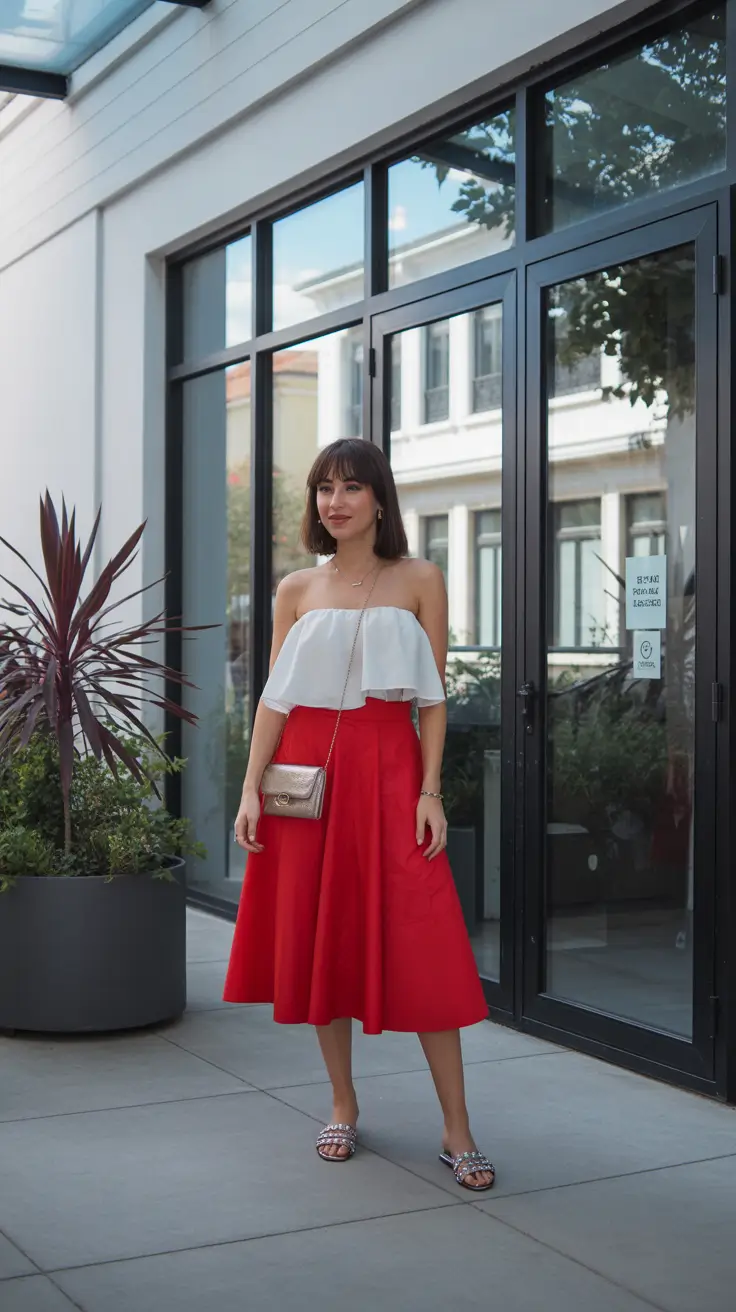 spring wedding guest outfit 2026 Red Skirt and Off Shoulder Top for City Weddings