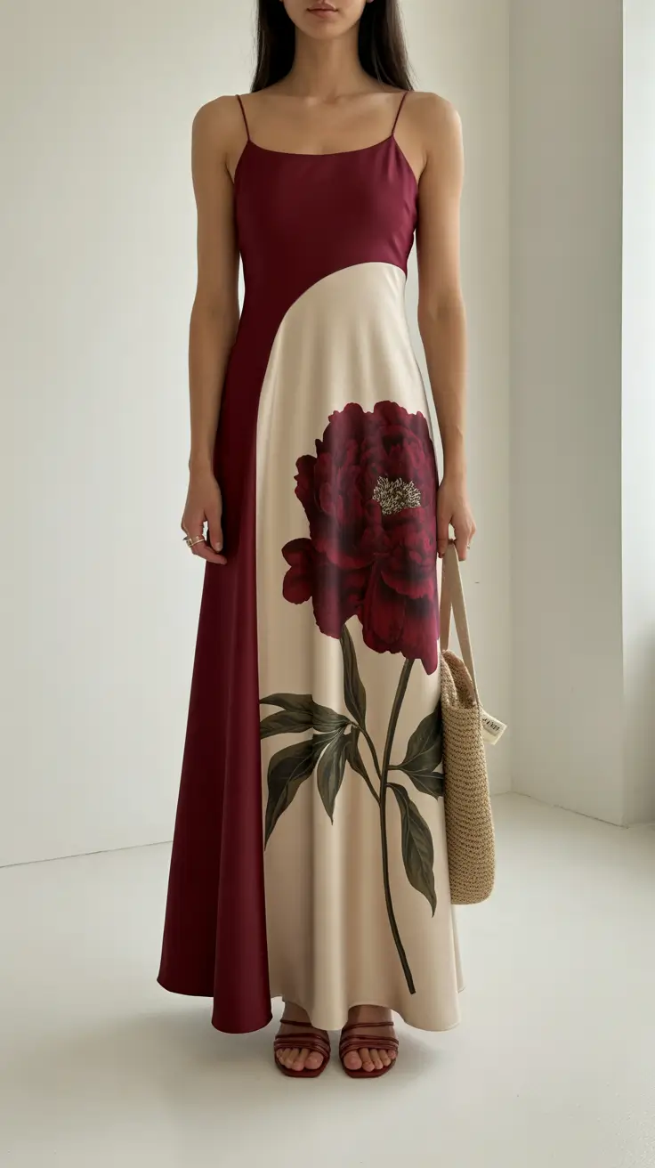 spring wedding guest outfit 2026 Wine Tones and Statement Florals