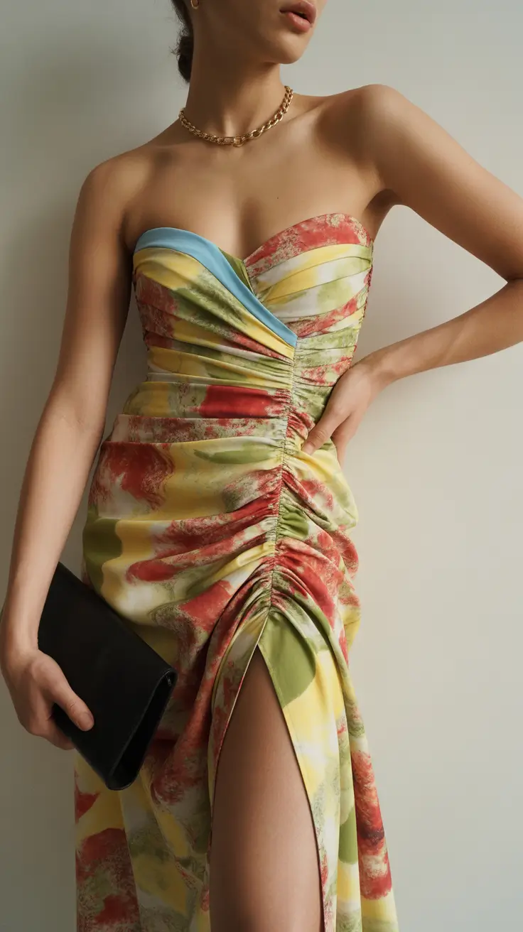 spring wedding guest outfit 2026 Ruched Strapless Colorwash for Golden Hour