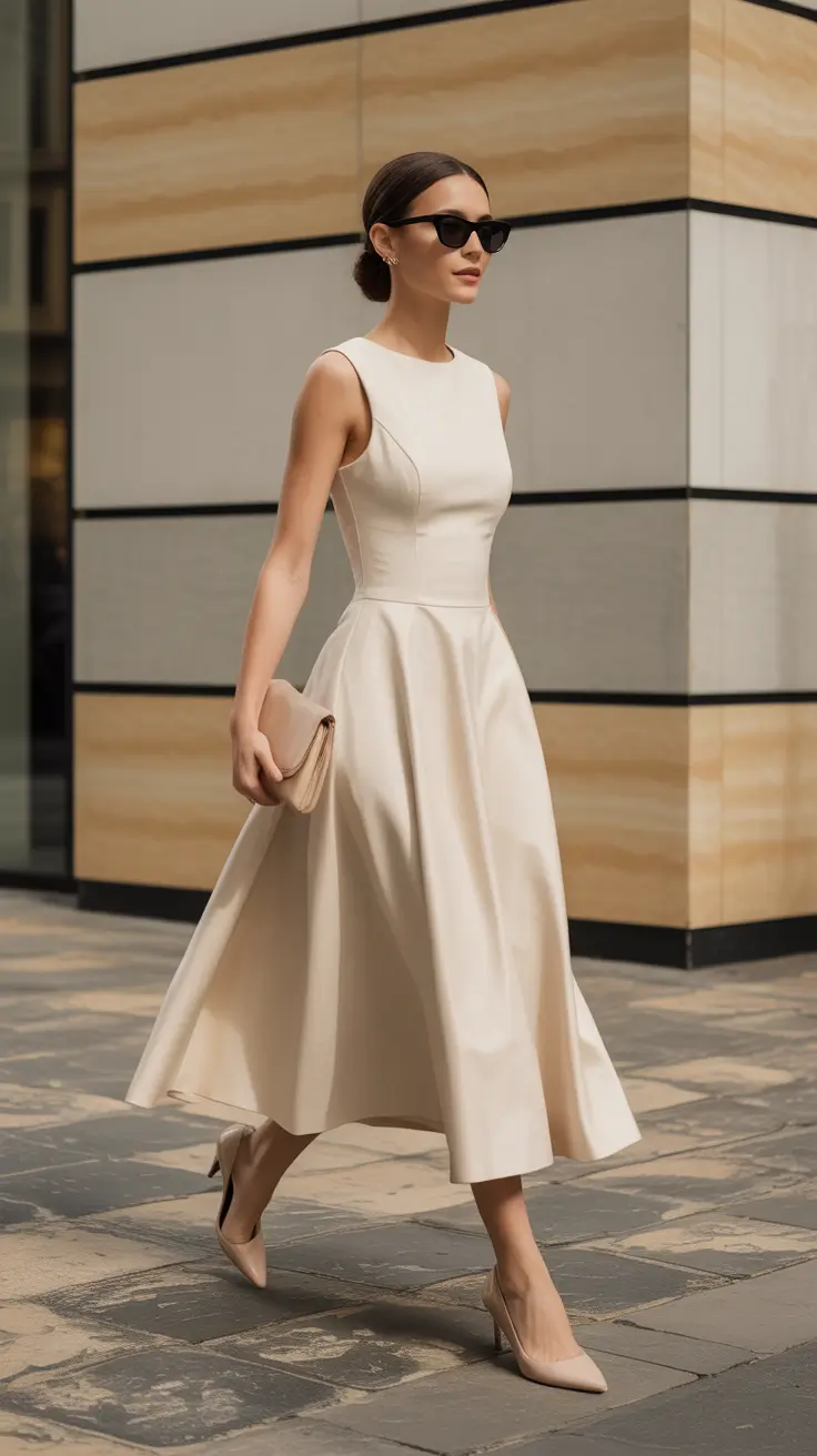 spring wedding outfit 2026 Minimal Cream Midi for a Guest Casual Modern Look