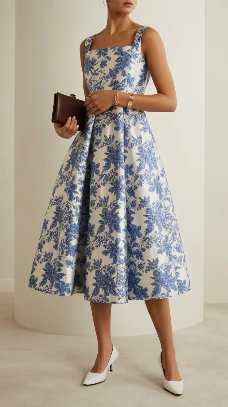 spring wedding outfit 2026 Blue Toile Midi for a Guest Classy Moment