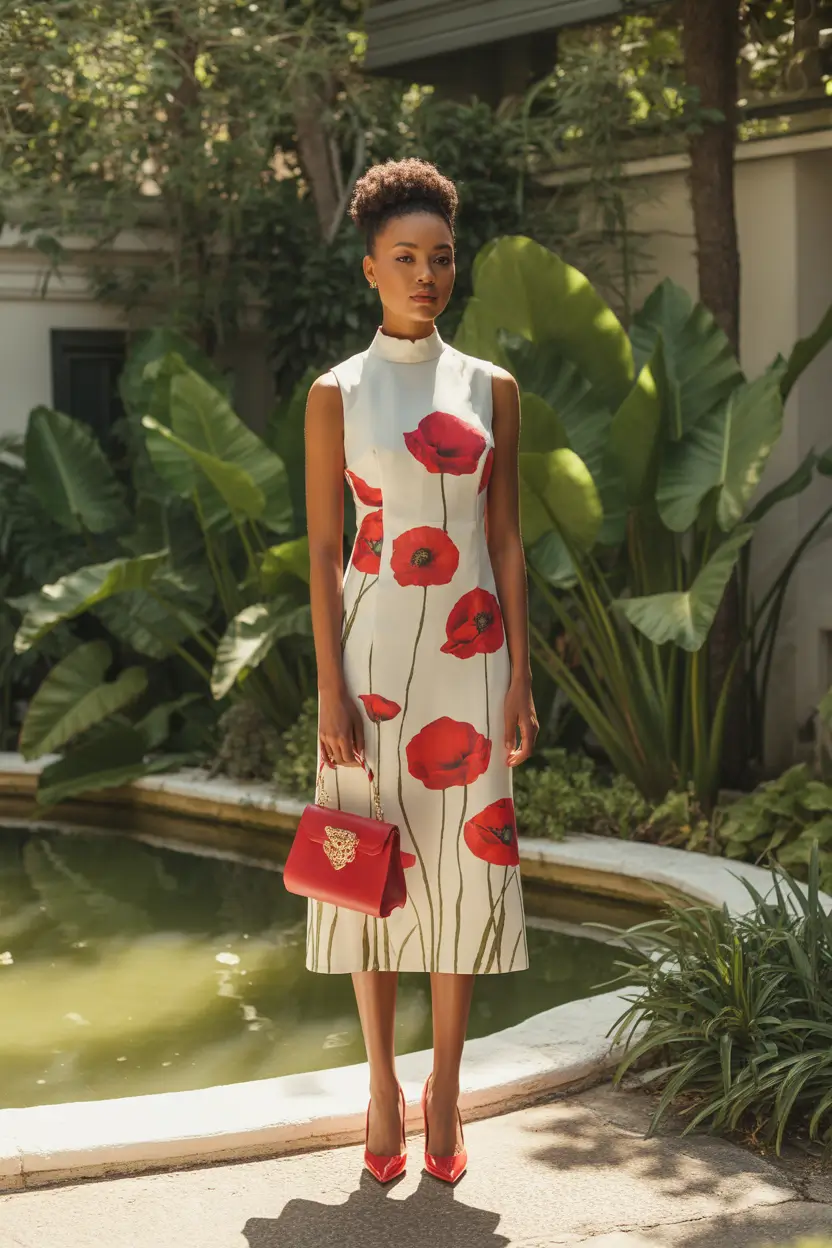 spring wedding outfit 2026 Poppy Print Midi for a Guest Semi Formal Spring Ceremony