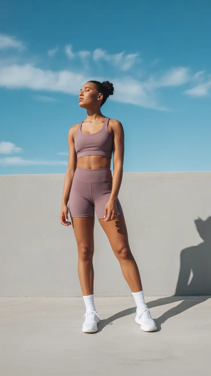 Spring workout outfits 2026 Mauve Matching Shorts Set for Warm Spring Days