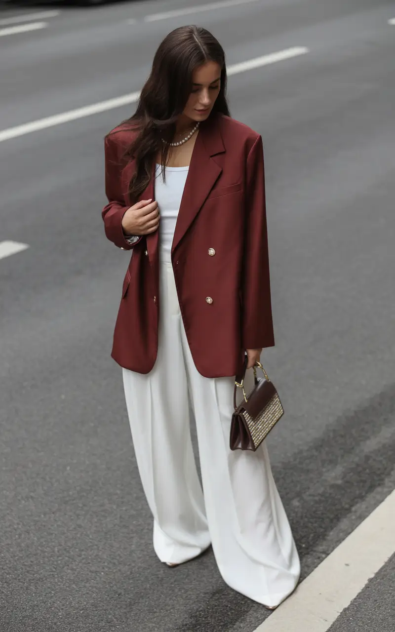 Spring Workwear 2026 Chocolate Cherry Blazer Over a Soft White Base