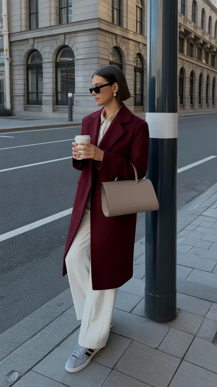 Spring Workwear 2026 Burgundy Coat and Cream Trousers With Sneaker Cool