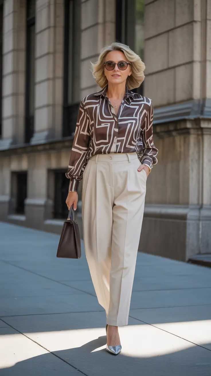 Spring Workwear 2026 Printed Blouse With Cream Trousers Done Right