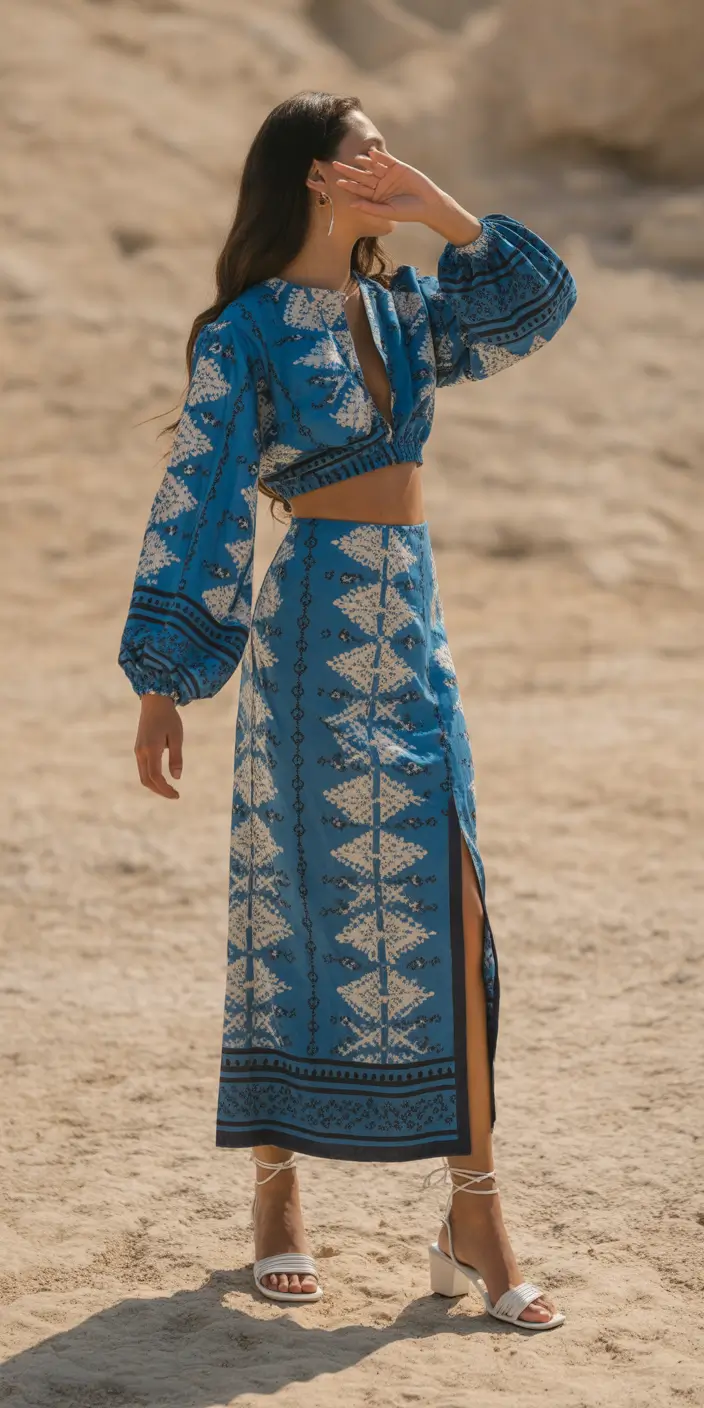 spring outfits boho 2026 Blue Printed Set for a Cool Spring Statement