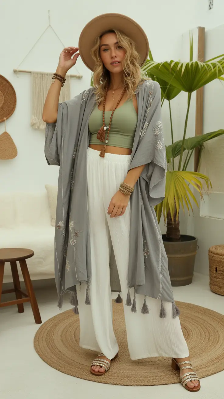 spring outfits boho 2026 Kimono Layers and a Hat for Casual Spring Cool