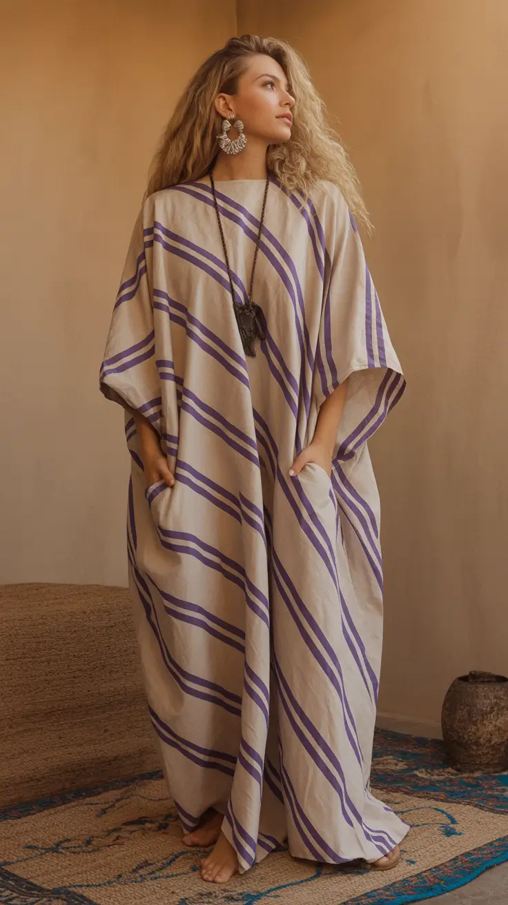 spring outfits boho 2026 Purple Stripes and a Kaftan Moment