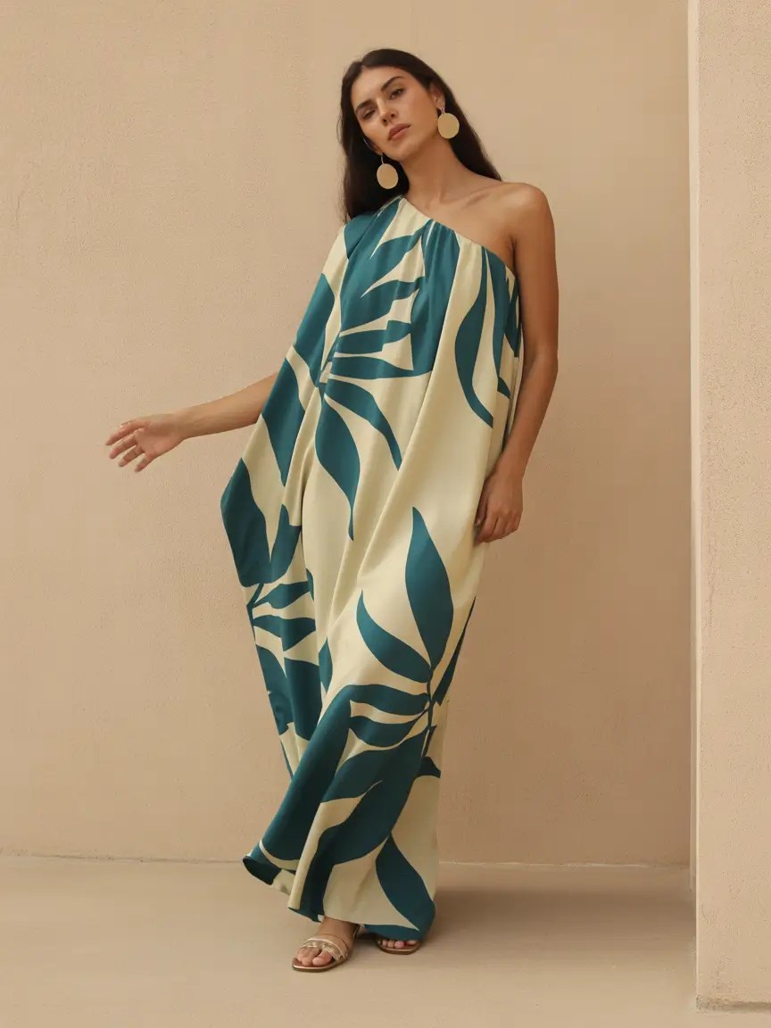 spring outfits boho 2026 One Shoulder Maxi Dress With Bold Boho Print