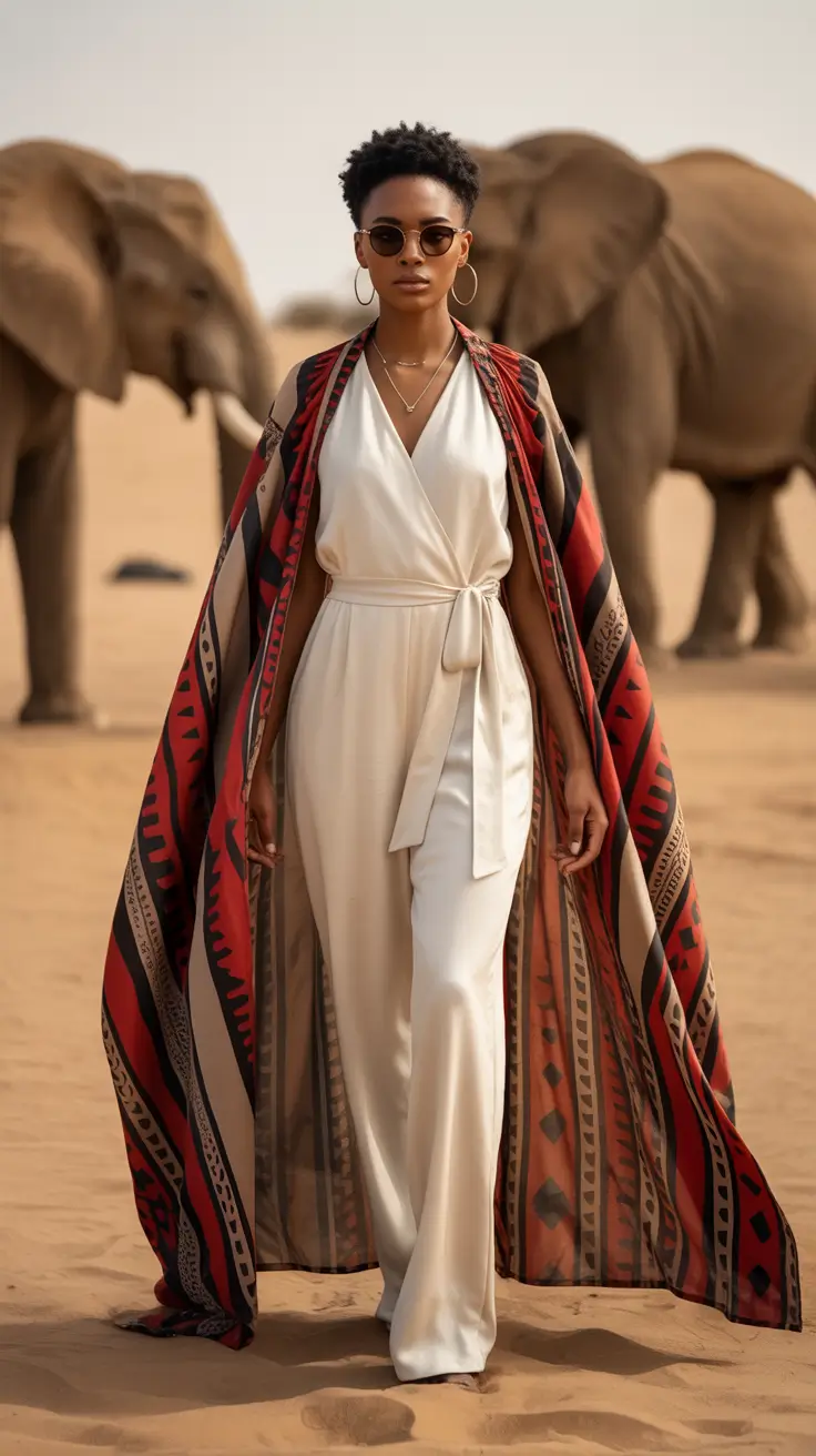 spring outfits boho 2026 White Jumpsuit and Statement Cape for Modern Boho